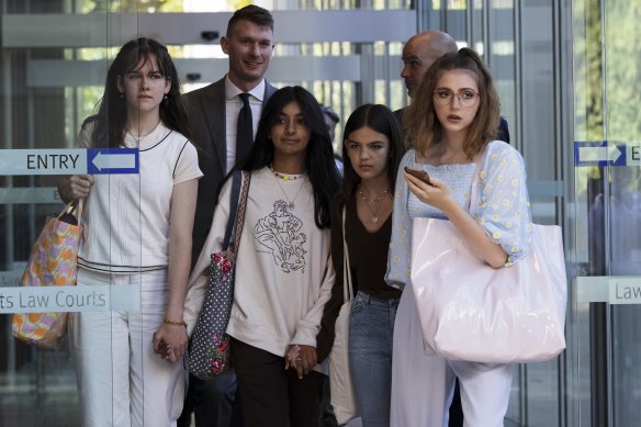 The young activists leave court after the Federal Court found against them. From left to right: Luca Saunders, Anj Sharma, Izzy Raj-Seppings and Ava Princi.