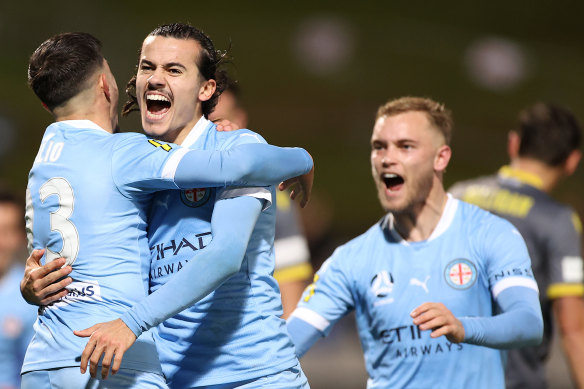 Stefan Colakovski celebrates his opening goal for Melbourne City.