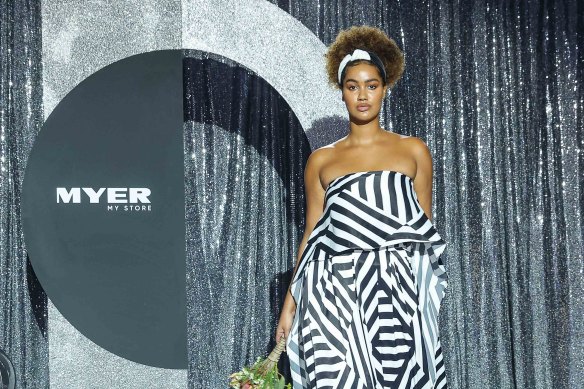 A model wearing a spring racing look from Myer at the Victoria Racing Club’s Fashions on the Field 60th anniversary gala dinner at Flemington Racecourse.