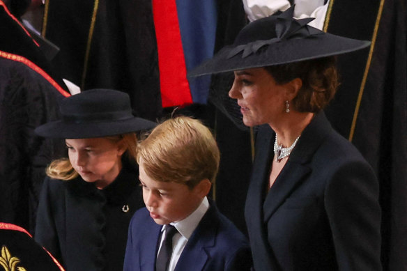 Catherine, Princess of Wales, Princess Charlotte and Prince George at Queen Elizabeth’s funeral.