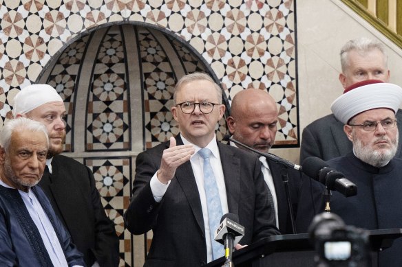 Prime Minister Anthony Albanese at Sydney’s Lakemba Mosque on October 6.