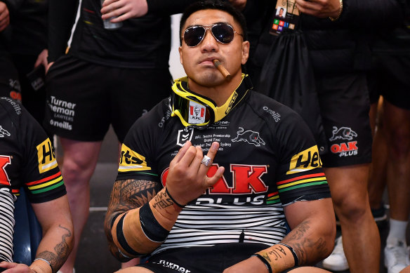 Moses Leota celebrates Penrith’s 2022 grand final win.