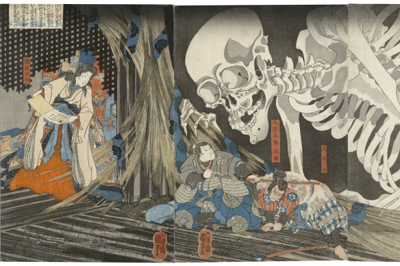 Utagawa Kuniyoshi's Mitsukuni defies the skeleton spectre conjured up by Princess Takiyasha (1845–46)
