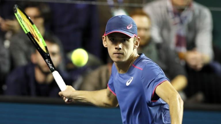Bounced: Alex de Minaur in action during his first-round loss at the Paris Masters.