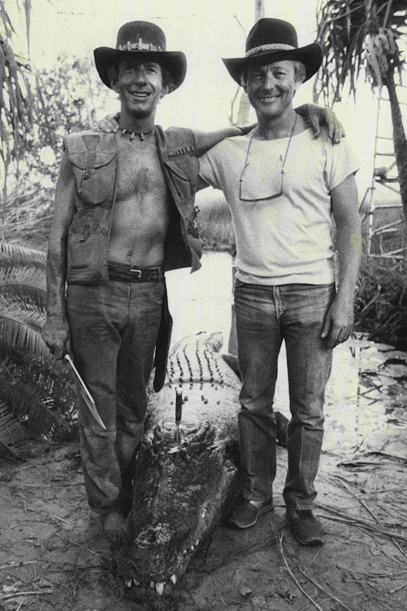 Paul Hogan and John Cornell on set in the mid-1980s. Crocodile Dundee producer Cornell had to mortgage his house to fund the film.