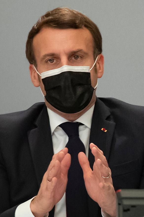 French President Emmanuel Macron on a videoconference with vaccine manufacturers in February. French officials recommended the AstraZeneca shot only be used for people aged under 65.