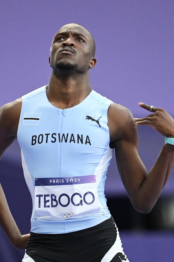 Letsile Tebogo celebrates his win in the men’s 200m.