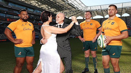 Taniela Tupou (left) with fellow Wallabies players Angus Bell and Dave Porecki at CommBank Stadium with two Argentinian tango dancers.