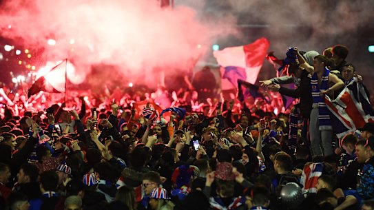 Rangers fans gathered in George Square in Glasgow to celebrate their team winning the Scottish Premiership title.