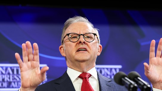 Prime Minister Anthony Albanese addresses the National Press Club in Canberra.