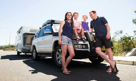 Laura and David Jean with children Maggie, 5, and Frankie, 2, before they left Canberra for a year travelling Australia in a caravan. 