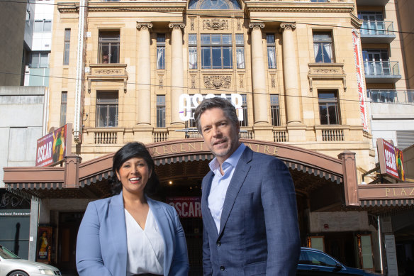 Lord Mayor Nicholas Reece and candidate for deputy lord mayor Roshena Campbell outside the Regent Theatre on Saturday.