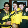Mark Ella, David Campese and Andrew Slack celebrate after beating Scotland, and winning the Grand Slam.