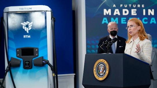President Joe Biden listens as Tritium CEO Jane Hunter speaks about electric vehicle chargers at the White House on February 8, 2022.