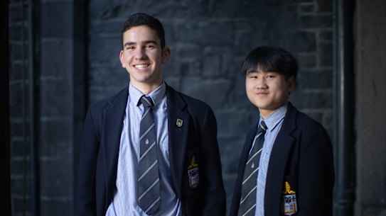 Melbourne Grammar students studying Latin. Georgios Pirpiris (left) and Michael Wang. 