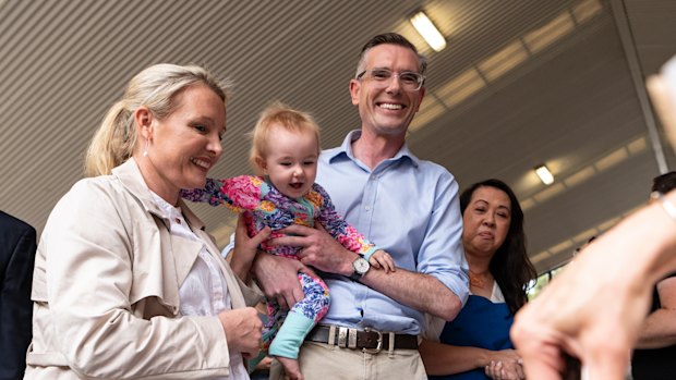 NSW premier Premier Dominic Perrottet along with his wife Helen Perrottet and daughter Celeste, at Beecroft public school during New South Wales state election day, in Sydney, Saturday, 25 March 2023.