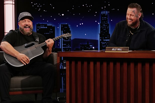 Jelly Roll guest hosting Jimmy Kimmel Live on July 17, 2025, with Kevin James as guest. 