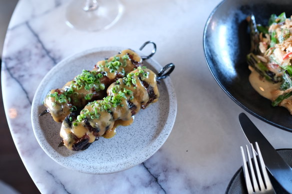 Beef skewers with roast tahini.