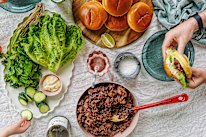 Pork burgers with red curry and coriander mayo.