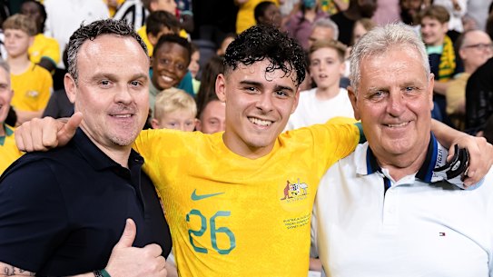 New Socceroo Alex Robertson with his father Mark (left) and grandfather Alex, who both also played for Australia.