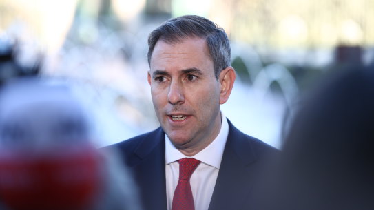 Federal Treasurer Jim Chalmers arrives at Parliament House in Canberra on budget day.