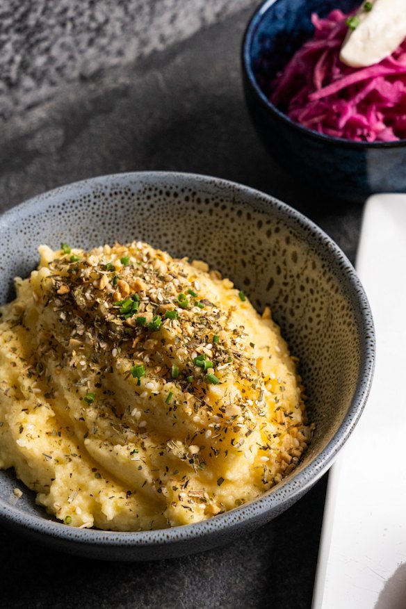 Stone-ground grits with nut spice and pepper jack cheese.