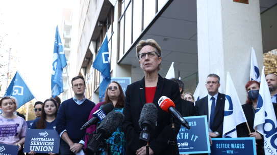 ACTU Secretary Sally McManus during a press conference following the Fair Work Commission handing down its Annual Wage Review decision. Photographed outside the Fair Work Commission in Sydney.