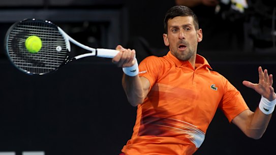Serbia’s Novak Djokovic makes a forehand 