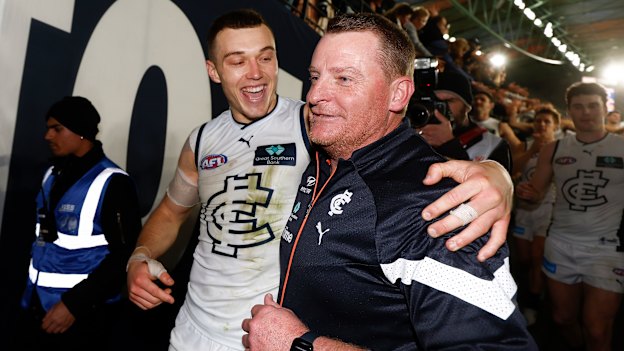 Carlton skipper Patrick Cripps and Blues coach Michael Voss.