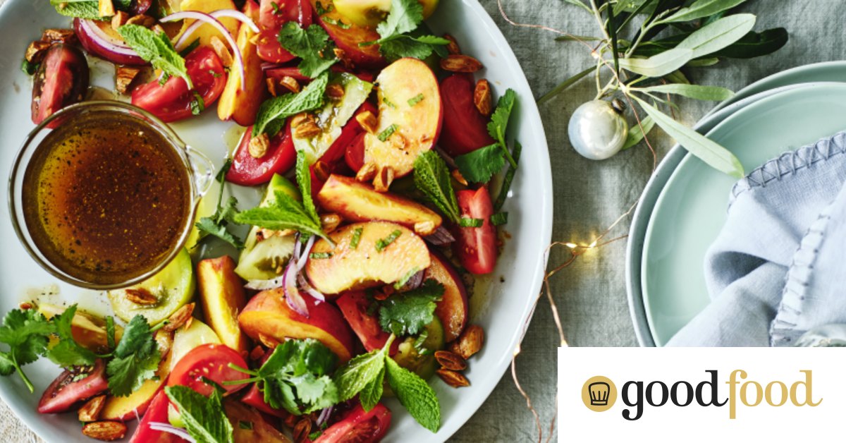 Heirloom-tomato salad recipe with peaches, mint and smoky roasted almonds
