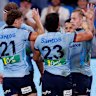 Max Jorgensen of the Waratahs celebrates a try during the round two Super Rugby match.