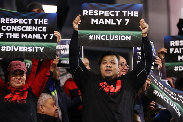 Some Manly supporters at the club’s match last year that saw players wear rainbow jerseys.