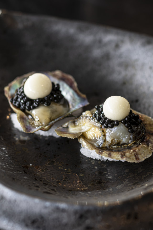 Akoya oysters with garlic “pearls”.