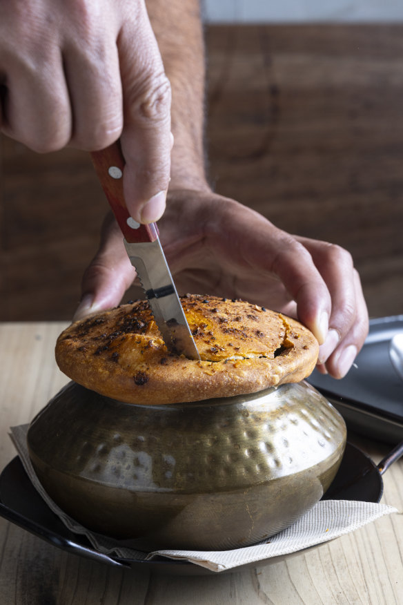 Parda biryani, sealed with pastry.