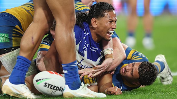 Sitili Tupouniua celebrates after scoring a try in Canterbury’s win over the Eeels.