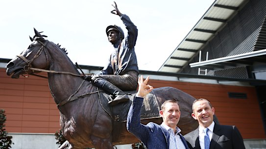 Hugh Bowman and Chris Waller at the unveiling of the Winx statue at Rosehill.