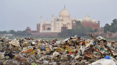 Rubbish covers the area by the Yamuna river near the Taj Mahal in Agra, India. 