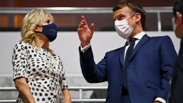 US First Lady Jill Biden and French President Emmanuel Macron at the Olympics Opening Ceremony in Tokyo