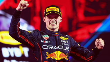 Max Verstappen celebrates victory at the Saudi Arabia GP in March.