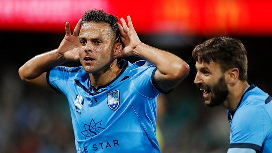 Sydney FC star Bobo celebrates after scoring against Western Sydney at the SCG on Sunday.