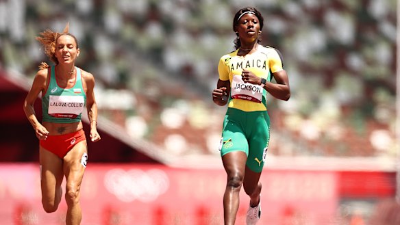 Shericka Jackson eased up before the line in her 200m heat