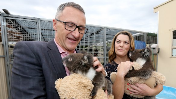 South Australian senator Sarah Hanson-Young, pictured with Greens leader Richard Di Natale on Wednesday, is aiming to be elected for her fourth term. 