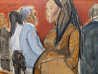 A courtroom sketch of Ventura walking out past Combs (in blue) after giving evidence.