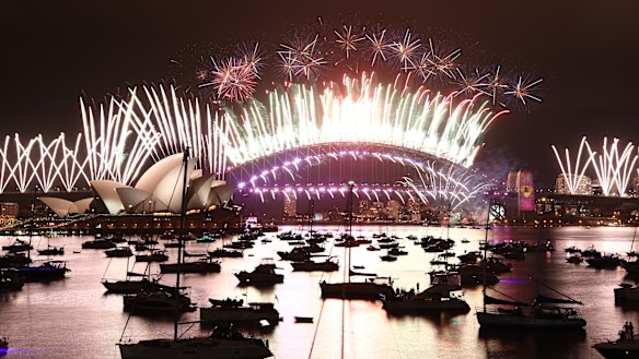 Sydney's New Year's Eve fireworks as seen from Mrs Macquarie’s Point in Sydney on January 1, 2021. 