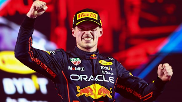 Max Verstappen celebrates victory at the Saudi Arabia GP in March.
