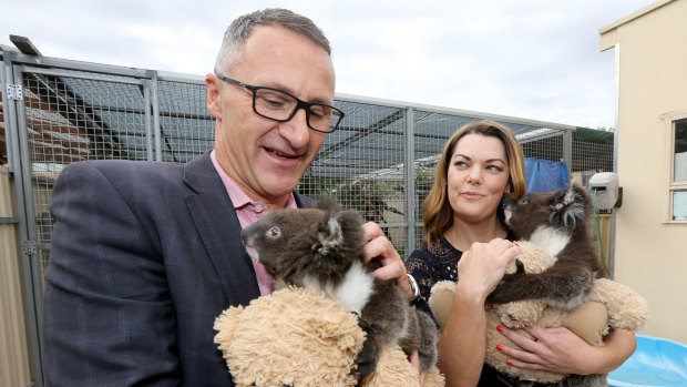 South Australian senator Sarah Hanson-Young, pictured with Greens leader Richard Di Natale on Wednesday, is aiming to be elected for her fourth term. 
