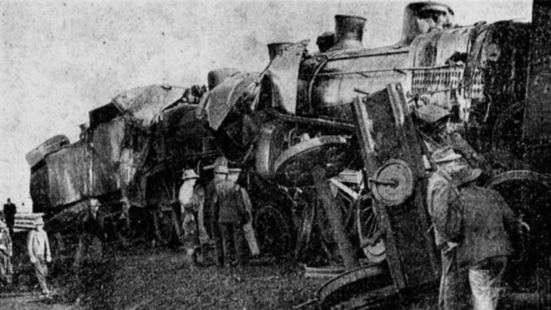The wreckage of two express trains that collided at Serviceton, Victoria, in 1951.