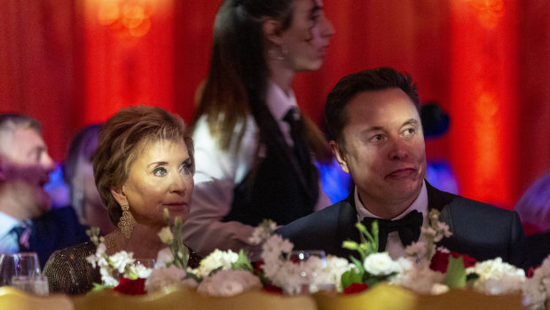 Linda McMahon, a member of Donald Trump’s transition team, and Elon Musk listen as Trump speaks during an America First Policy Institute gala at his Mar-a-Lago estate on Thursday.