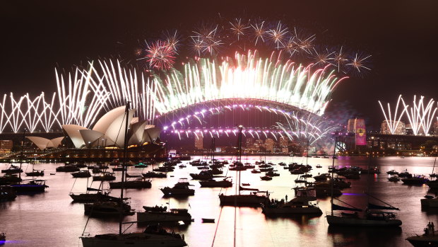 Sydney's New Year's Eve fireworks as seen from Mrs Macquarie’s Point in Sydney on January 1, 2021. 