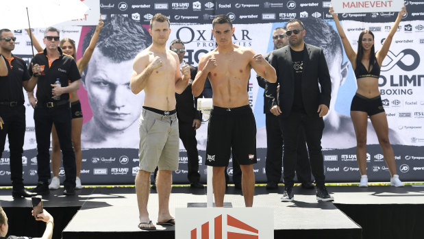 Jeff Horn and Tim Tszyu at Tuesday's weigh-in.